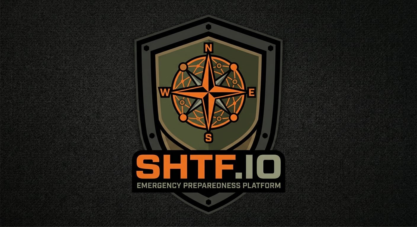 SHTF.io badge: compass rose shield in blaze orange on tactical black